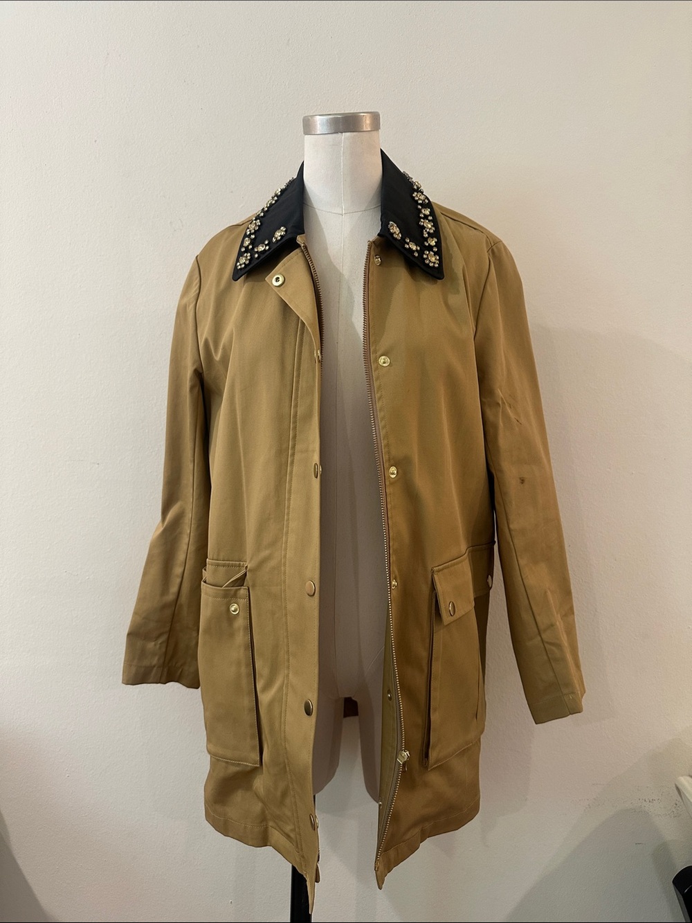 J. Crew Tan Trench Coat with Black Embellished Collar